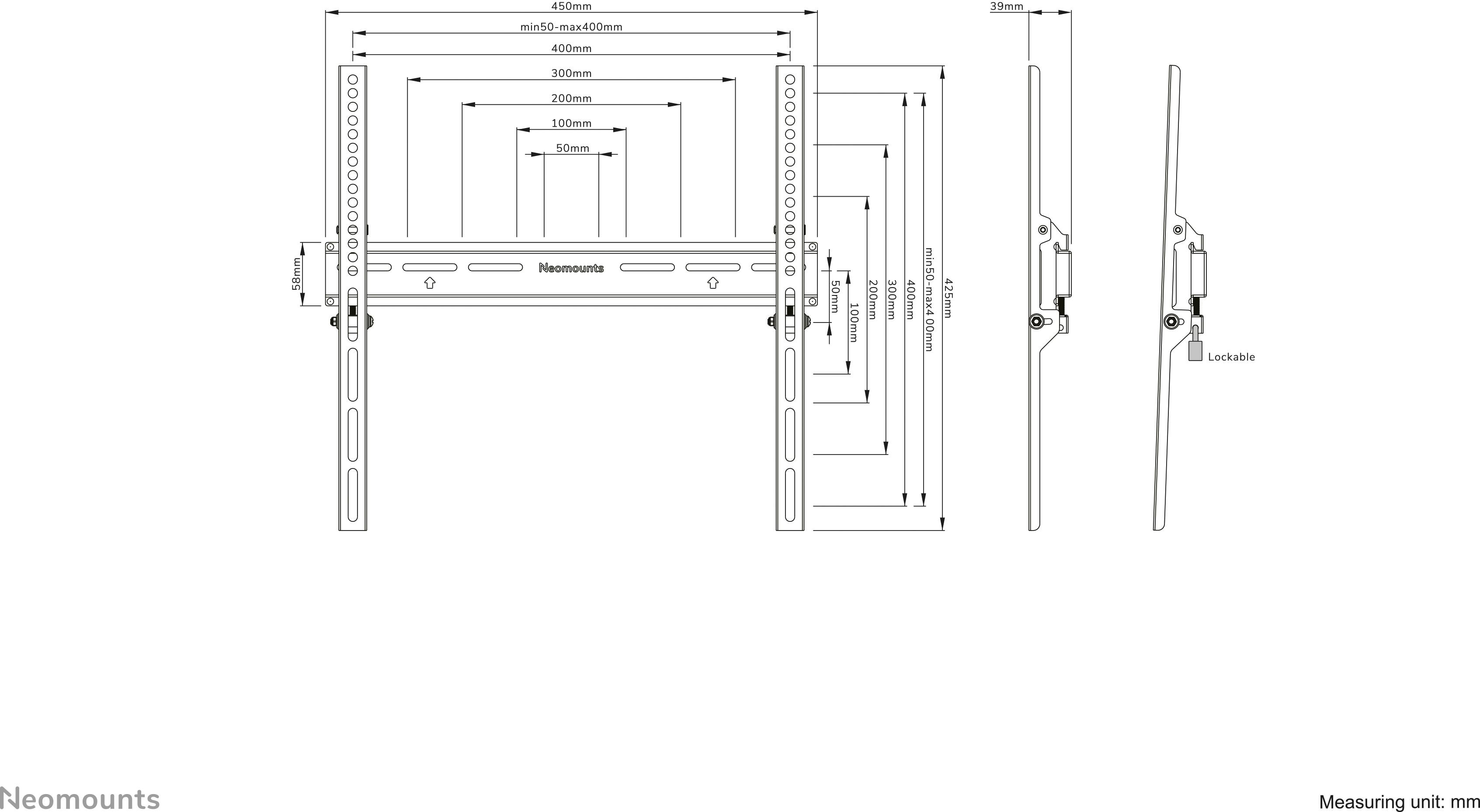'Neomounts Fernseherhalterung MAE-245' Diagramm zeigt Montageanleitung mit Maßangaben in Millimetern, Seiten- und Frontansicht.