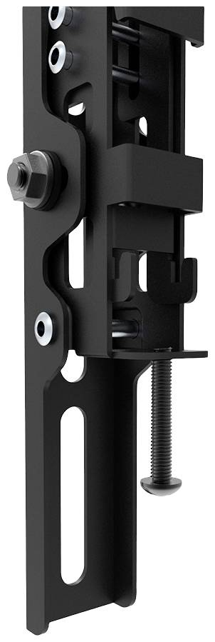 Eine schwarze Metallhalterung mit Schrauben und Bolzen zur Befestigung von Bauteilen an einer Wand oder einem anderen Untergrund.