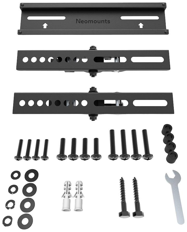 Montagesatz bestehend aus Metallhalterungen, Schrauben, Dübeln und Schraubenschlüssel, zur Befestigung von TV-Halterungen.