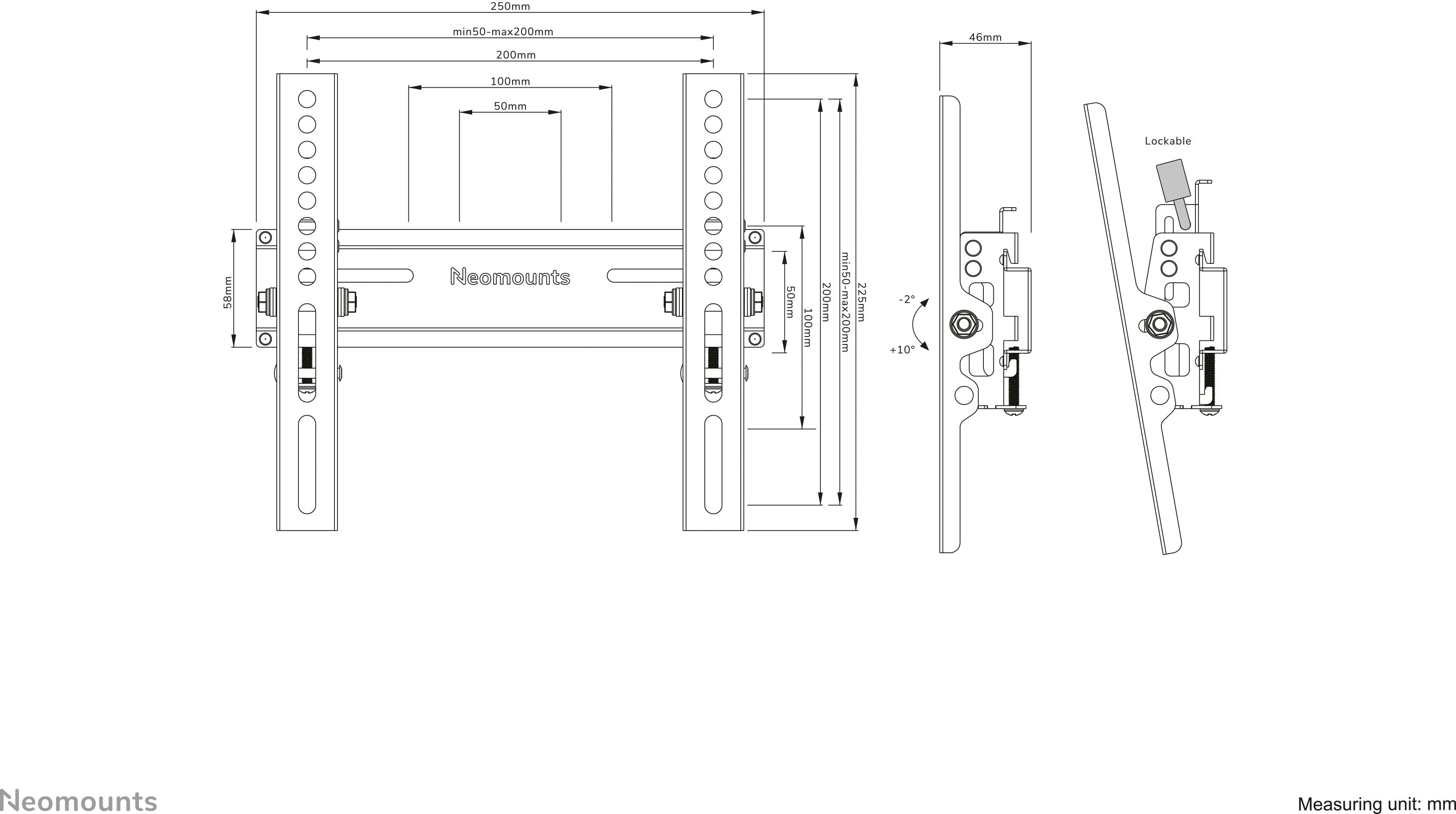 Zeichnung einer TV-Wandhalterung mit Maßen: Breite 50-240mm, Höhe 50-320mm, Neigung bis 30°. Messungseinheit: mm. Marke: Neomounts.