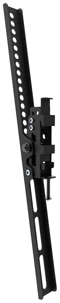 Ein schwarzer Wagenheber mit einer Reihe von Löchern entlang der vertikalen Stange und einer mechanischen Hebevorrichtung in der Mitte.