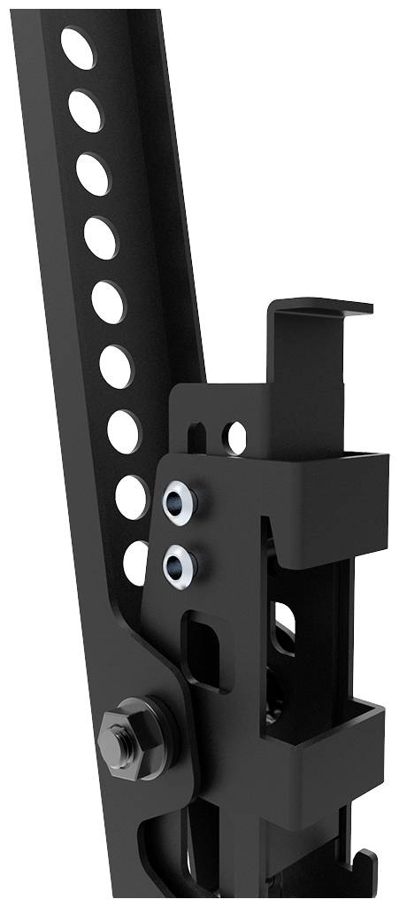 Ein schwarzer Wagenheber mit Lochungen und Schrauben, zeigt Details eines Hebemechanismus. Geeignet für Fahrzeuge.