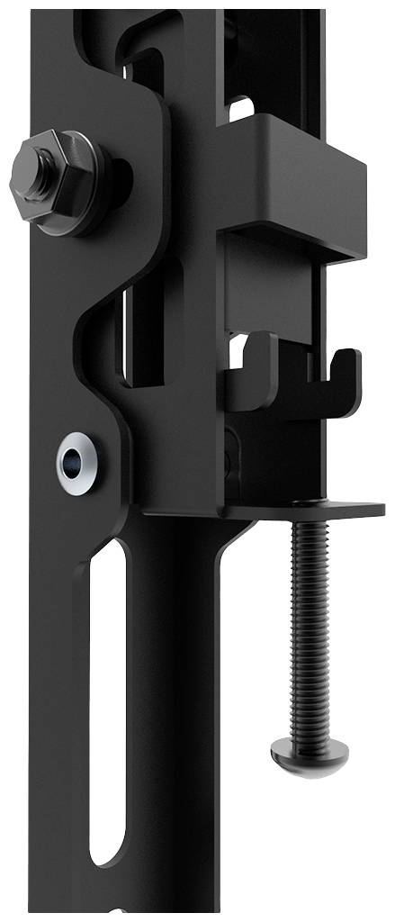 Schwarzmetall-Halterung mit Schraube und Befestigungsschraube, geeignet für die Montage von Objekten an vertikalen Oberflächen.