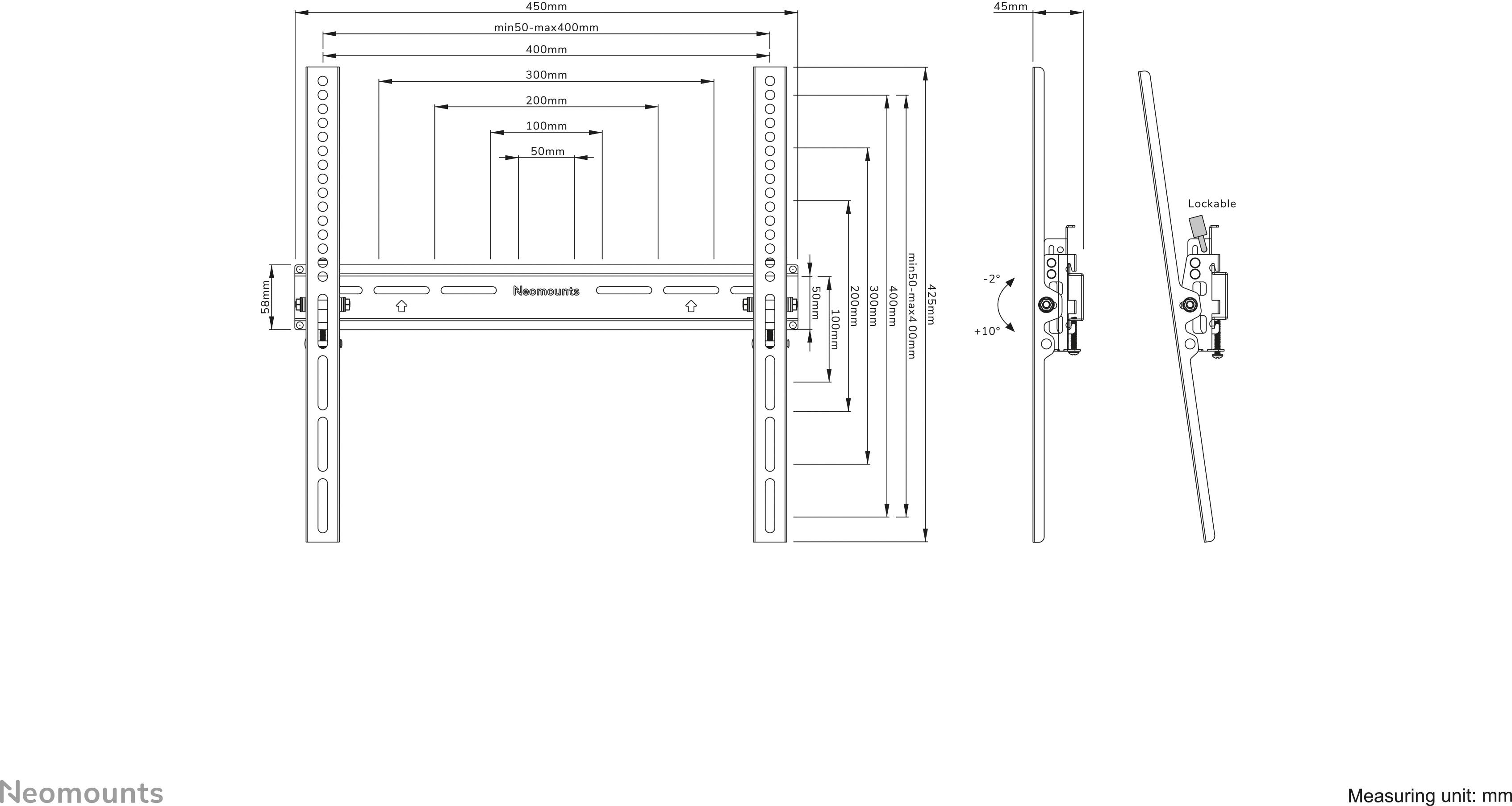 Technische Zeichnung einer Wandhalterung mit Maßen in Millimetern. Zeigt Vorder- und Seitenansichten, inklusive Abstand von der Wand.
