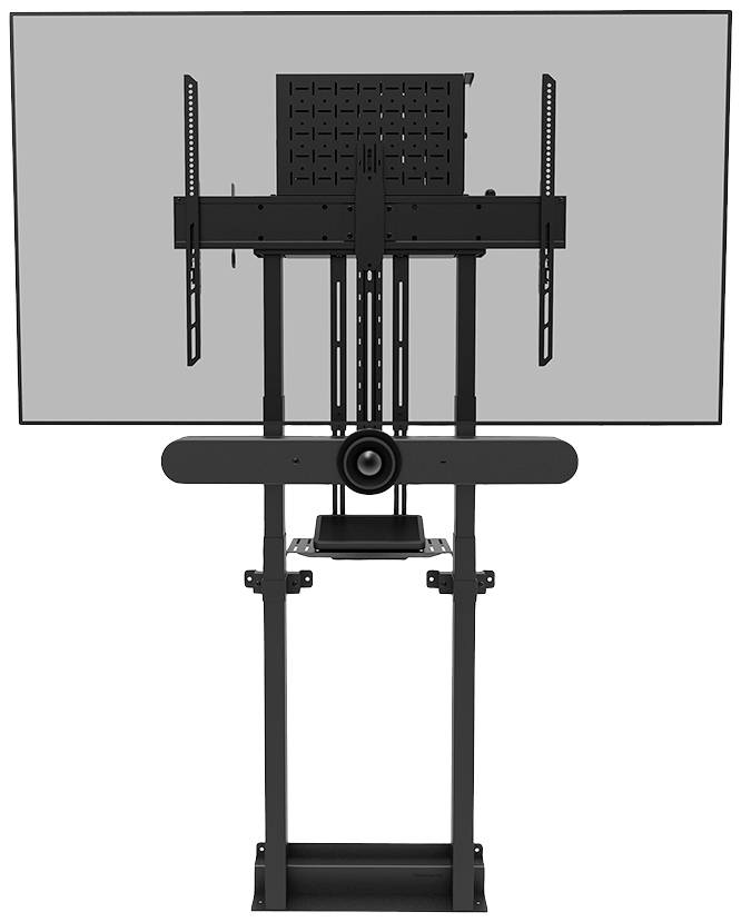Ein großer schwarzer TV-Ständer mit befestigtem Fernseher und integrierter Kamera. Ideal für Meetings oder Präsentationen.