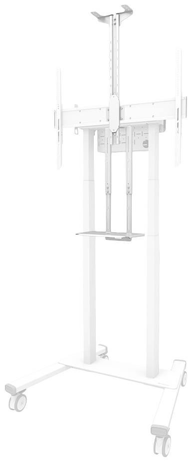 Ein weißer, fahrbarer Monitorständer mit vier Rädern. Er besitzt vertikale Schienen zur Höhenverstellung und Halterungen für einen Bildschirm.