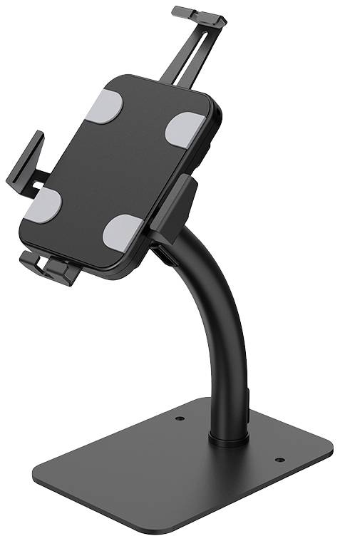 Ein schwarzer Tablet-Ständer mit verstellbaren Halterungen montiert auf einem stabilen Sockel. Geeignet für den Einsatz auf Schreibtischen.
