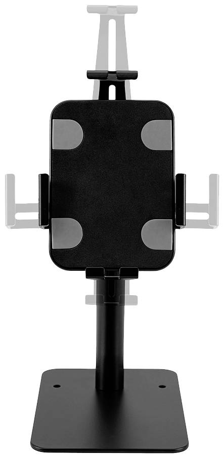 Ein schwarzer Tablet-Ständer aus Metall mit einstellbaren Haltern. Eignet sich zum stabilen Halten eines Tablets auf einem Tisch.