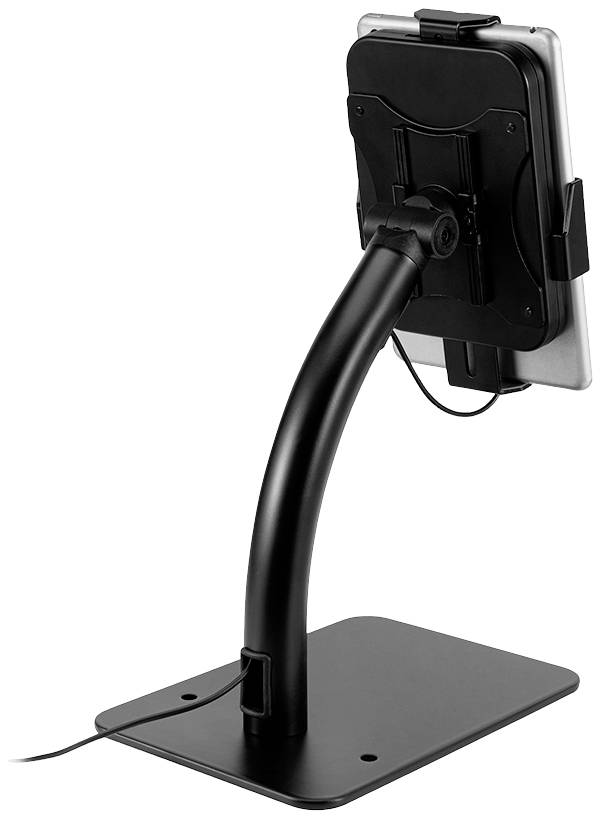 Eine schwarze Tischhalterung hält ein Tablet im Hochformat. Das Tablet ist mit einem Kabel verbunden, das durch die Halterung verläuft.