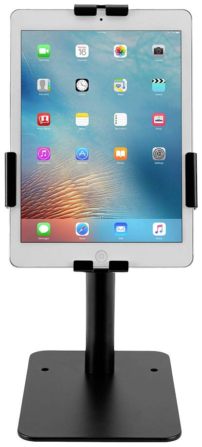 Ein Tablet in einem schwarzen Ständer zeigt mehrere bunte Apps auf dem Startbildschirm. Der Hintergrund ist blau-orange.