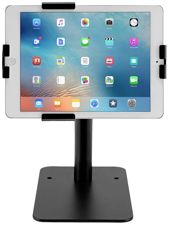 Tablet in schwarzer Halterung, zeigt Apps auf dem Bildschirm.