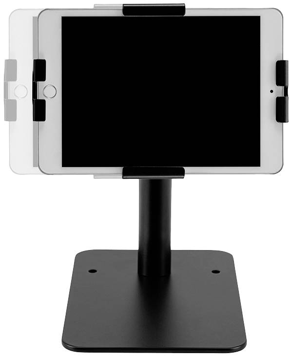 Tablet-Halterung aus schwarzem Metall mit neigbarer und drehbarer Funktion, geeignet für verschiedenen Tablet-Größen, aufrecht stehend.