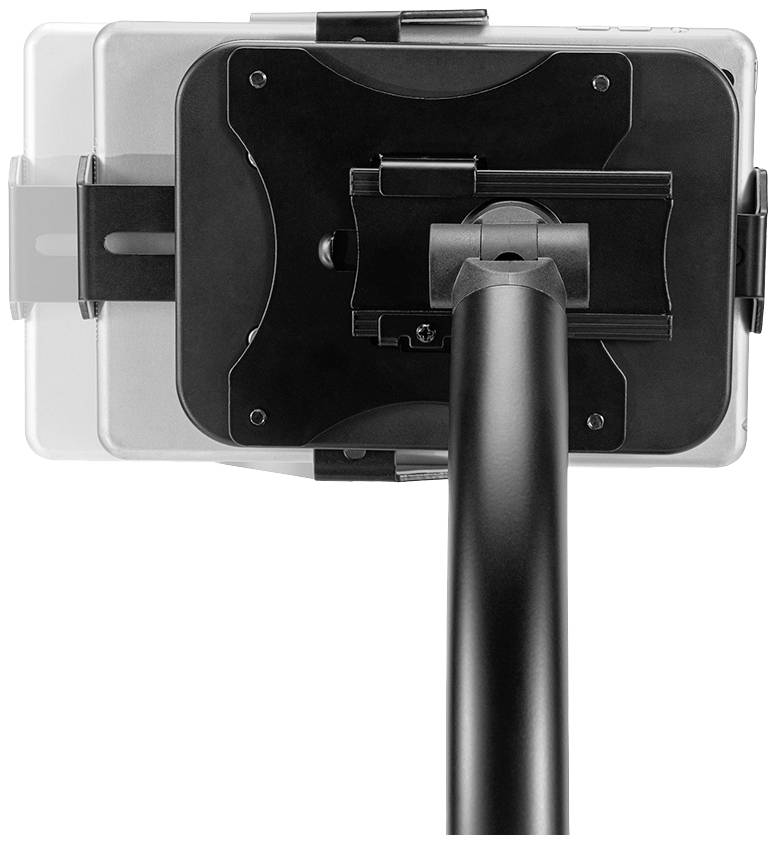 Eine Tablet-Halterung mit einem stabilen, schwarzen Arm. Geeignet zur Befestigung an Arbeitsflächen oder elektronischen Geräten.