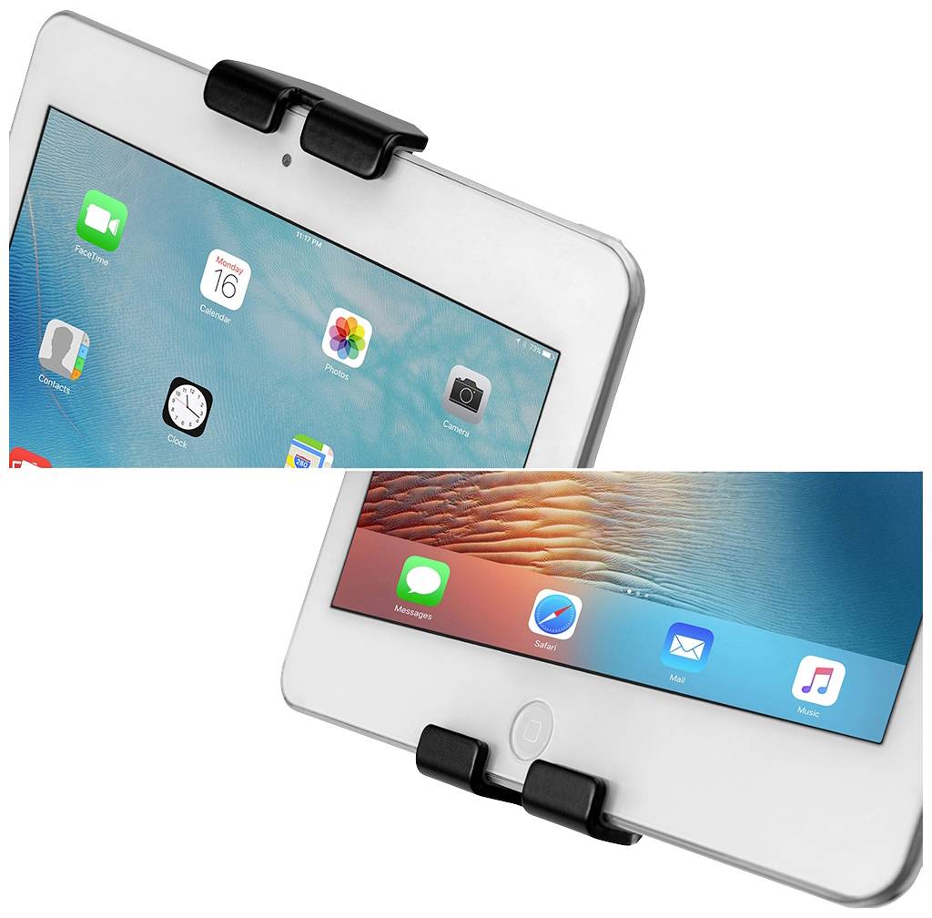 Ein weißes Tablet mit Apps auf dem Bildschirm, befestigt an einer Halterung. Oben Kalender, Uhr, Kamera; unten Safari, Mail.