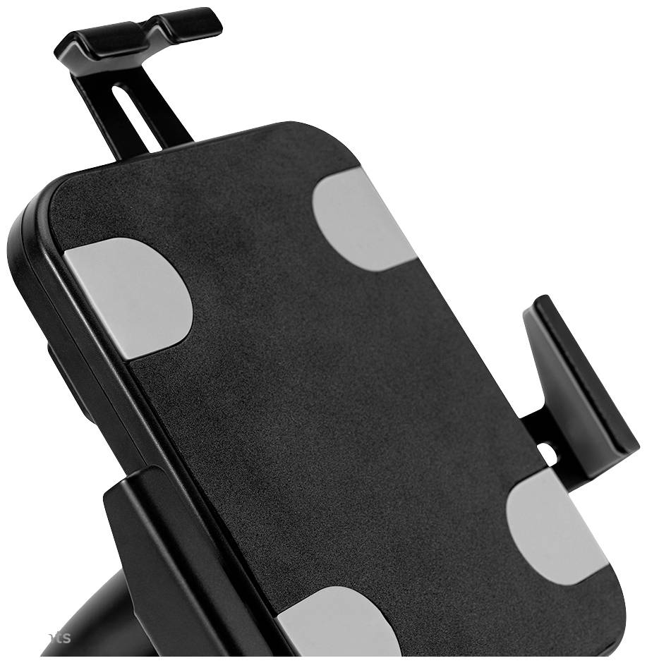 Schwarzer Handyhalter mit verstellbaren Seitenflügeln und weicher Polsterung, geeignet zur Befestigung an Armaturenbrettern oder Lüftungsschlitzen im Auto.