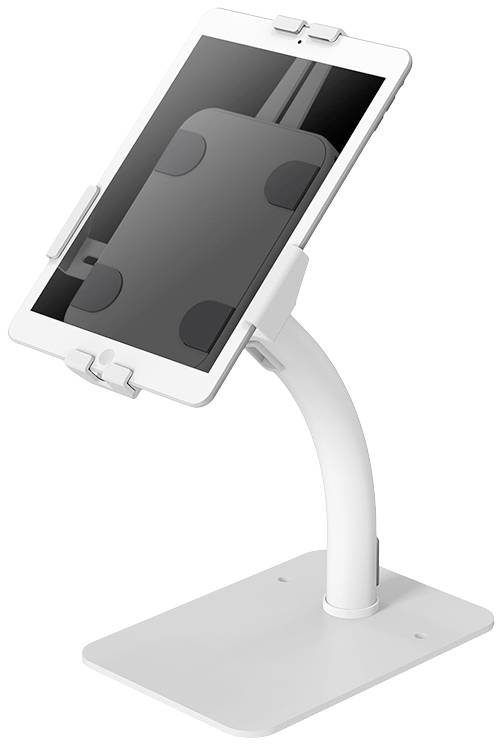 Ein weißer Tablet-Ständer mit gebogenem Arm hält ein Tablet sicher in vertikaler Position. Ideal für Präsentationen und Freisprechnutzung.