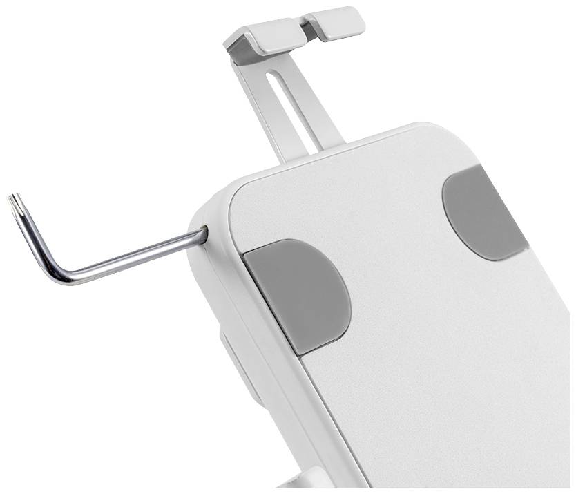 Ein weißer Halter mit grauen Akzenten, geeignet für Tablets oder Smartphones, verstellbar mit einem Metallwerkzeug für die Justierung.