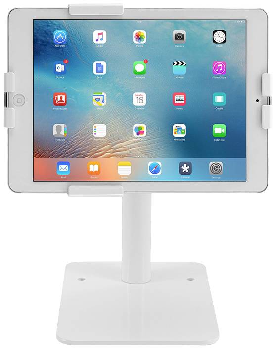 Ein Tablet mit Apps auf dem Bildschirm ist in einer weißen Halterung befestigt. Der Hintergrund zeigt ein blau-grünes Muster.