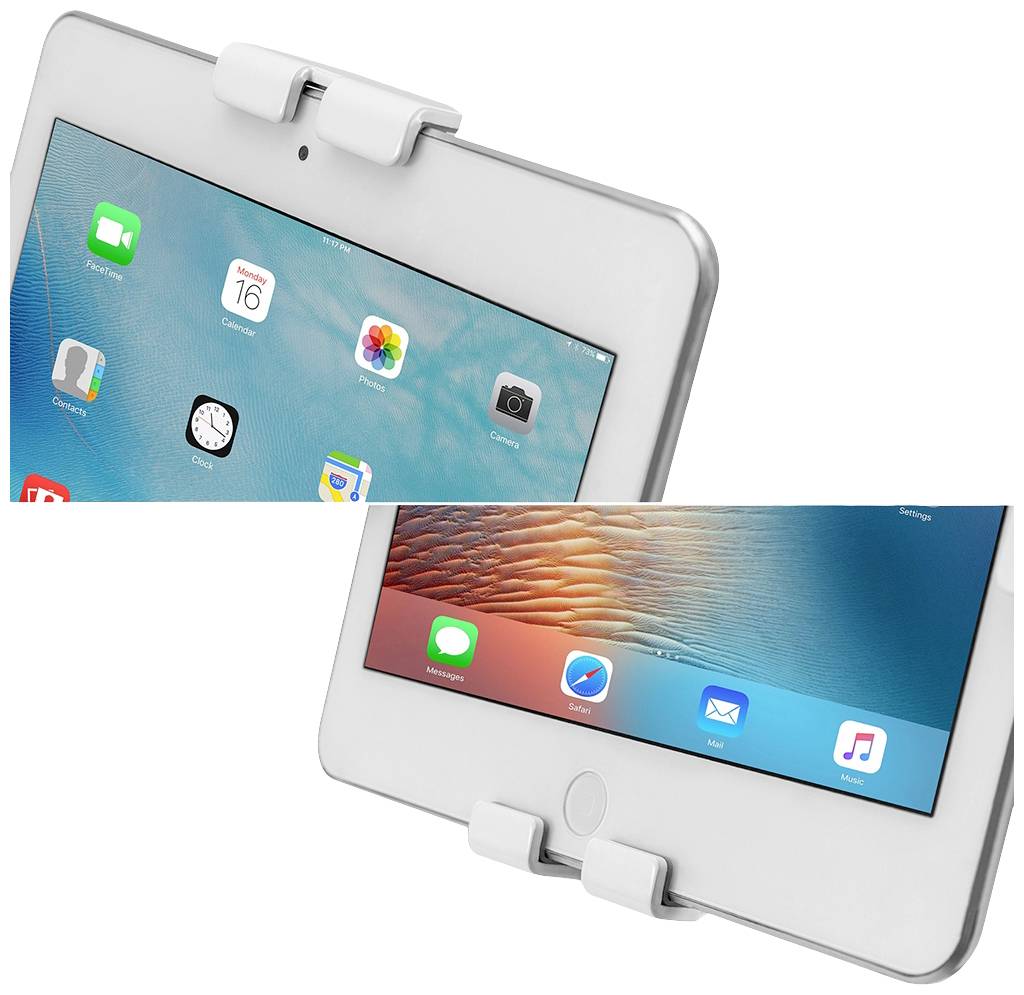 Ein weißes Tablet mit zwei verschiedenen Bildschirmen wird von einer weißen Halterung gehalten. Auf dem Bildschirm sind Apps und Uhrzeit sichtbar.