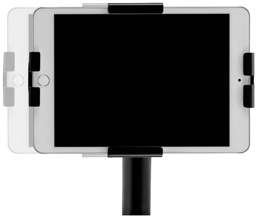 Ein Tablet ist in einer Halterung befestigt, die sowohl horizontale als auch vertikale Ausrichtung ermöglicht. Hintergrund weiß.