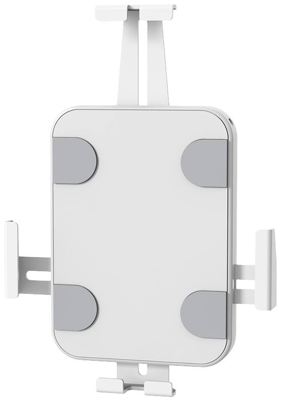 Ein weißer, rechteckiger Handyhalter mit grauen, schwenkbaren Halterungen an allen Seiten, ausgelegt für unterschiedliche Gerätegrößen.