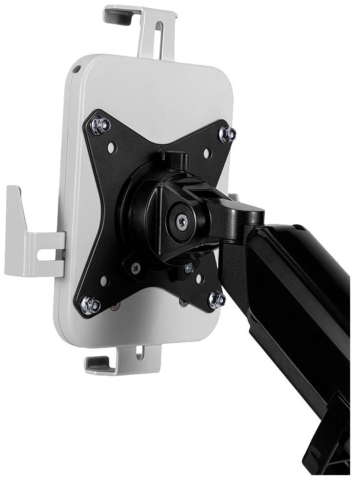 Monitorhalterung aus Metall, schwarz, für VESA-kompatible Monitore. Verstellbarer Arm mit Schwenk- und Neigefunktion zur flexiblen Positionierung.