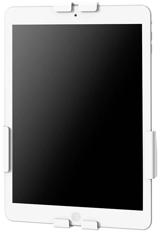 Ein Tablet in einer weißen Halterung. Der Bildschirm ist schwarz. Die Halterung hat Klemmen oben, unten und an den Seiten.