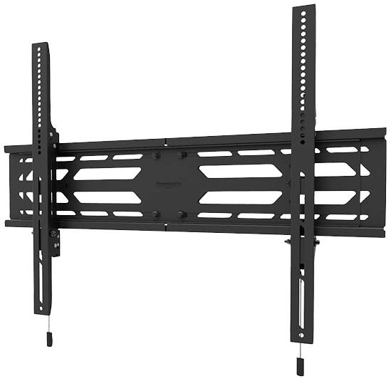 Eine schwarze Wandhalterung für Fernseher, die an einer Wand befestigt wird. Sie hat mehrere Öffnungen und justierbare Schienen.