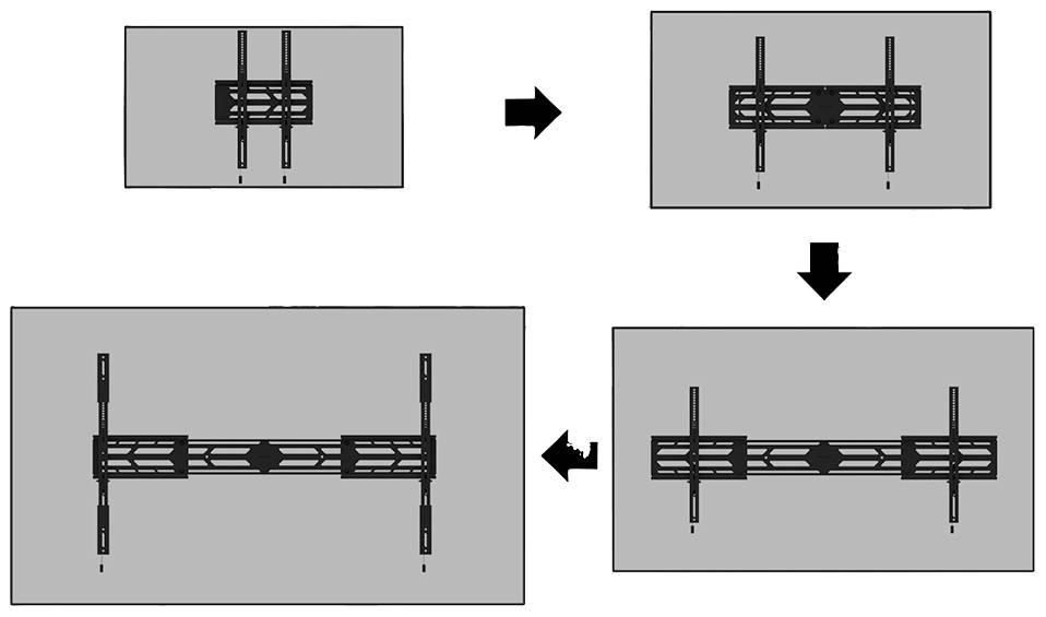 Bildanleitung zur Montage einer Halterung. Zeigt Schritte zur Anpassung der Position in vier Richtungen: oben, rechts, unten, links.