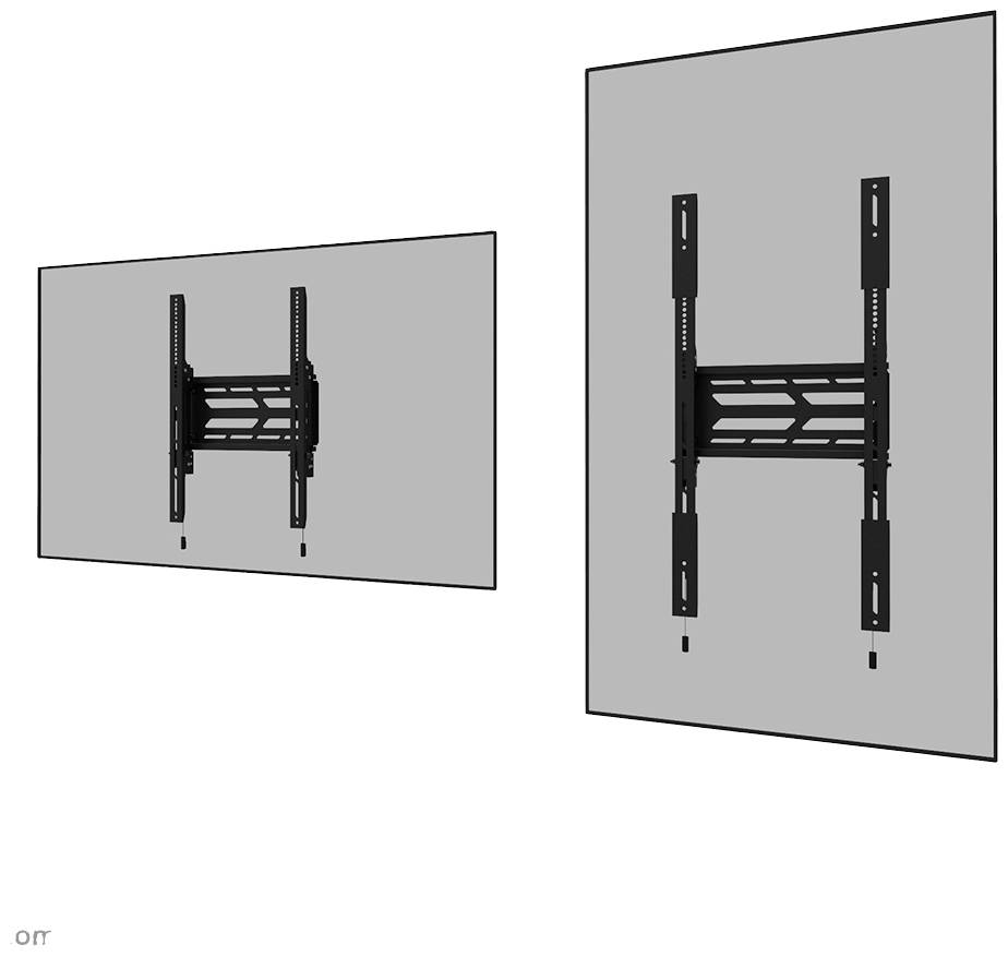 Illustration einer Wandhalterung für Flachbildschirme, zeigt Montagebeispiel von vorne und seitlich.