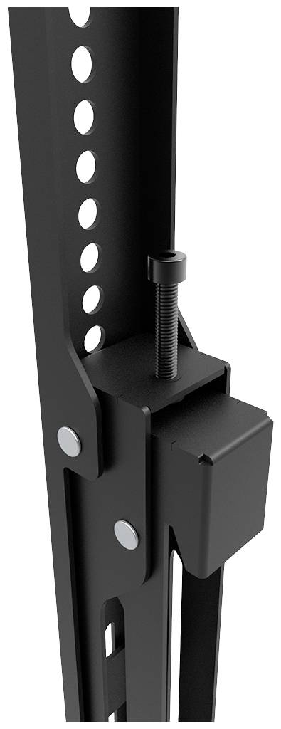 Schwarzes Metallgestell mit verstellbarem Bolzen und Löchern zur Höhenanpassung, vermutlich Teil eines Regals oder Ständers.