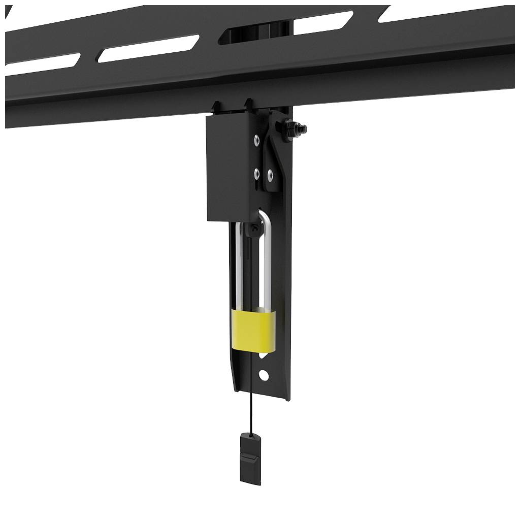 Nahaufnahme eines schwarzen Metallteils mit gelber Markierung und Kabel. Es scheint ein verstellbares Schienensystem zu sein.