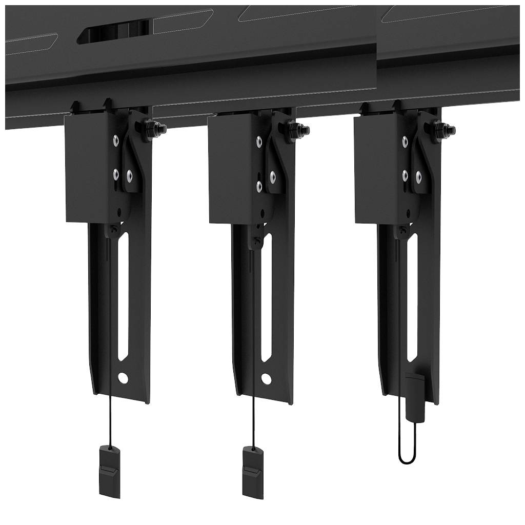 Zwei schwarze Montagehalterungen für Wandmontage, die entlang einer Schiene bewegt werden können. Geeignet für Fernseher oder Monitore.