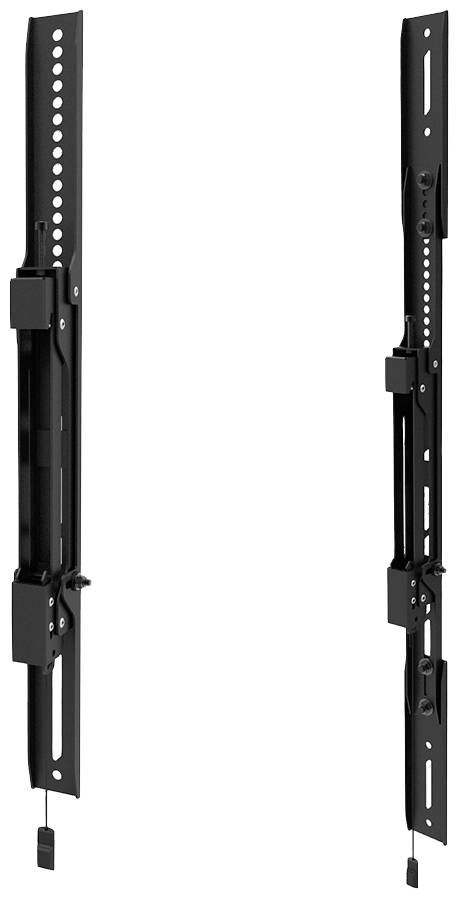 Zwei schwarze, vertikale TV-Wandhalterungen aus Metall mit Löchern für Schrauben und kleine Hebel für die Anpassung.