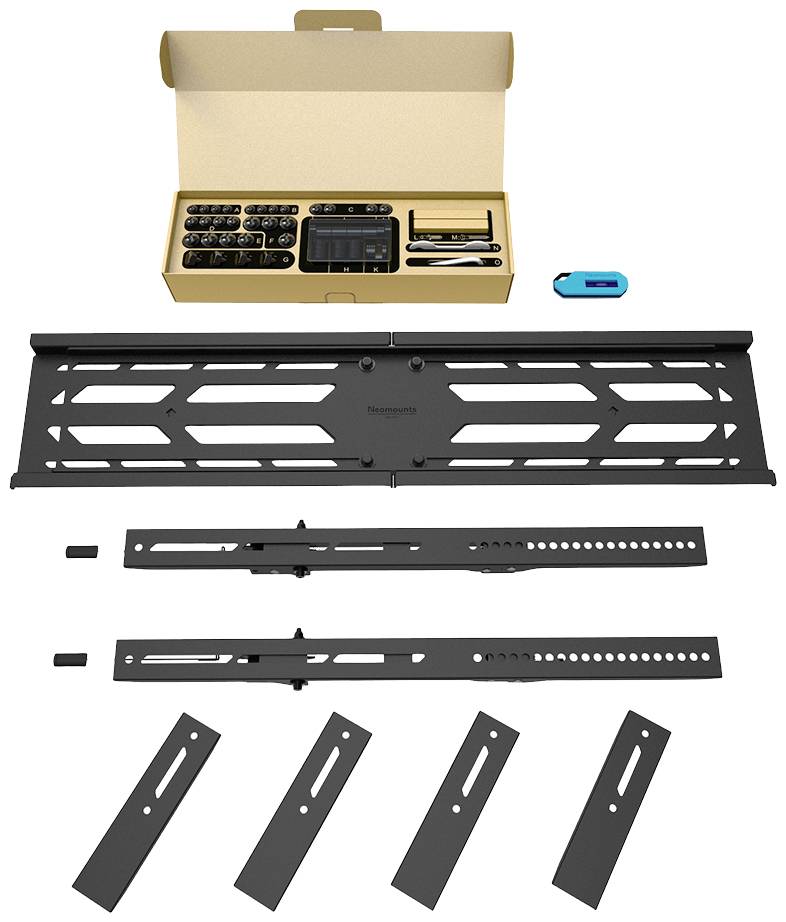 Videowandhalterungs-Kit mit Verpackung und Komponenten. Enthält Halterungsteile, Schrauben und Werkzeug, bereit zur Montage.