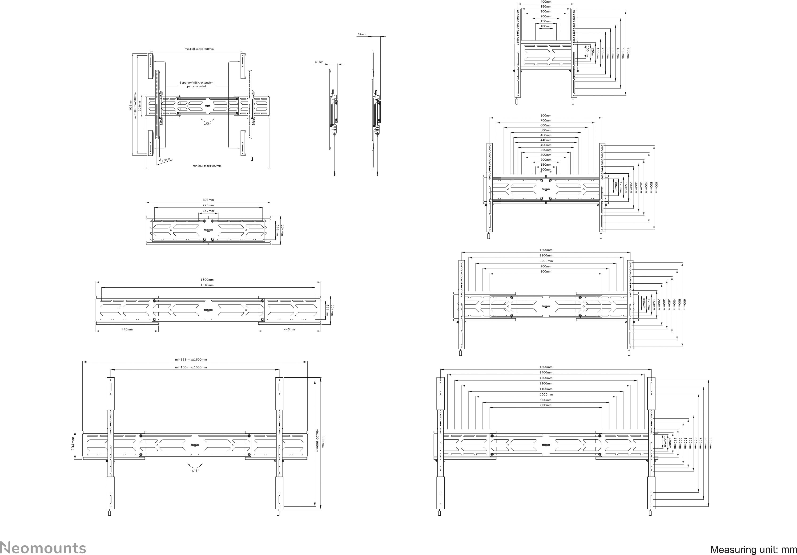 Technische Zeichnung einer TV-Halterung mit mehreren Perspektiven und Maßen. Zeigt die Details und Dimensionen der Befestigungselemente.