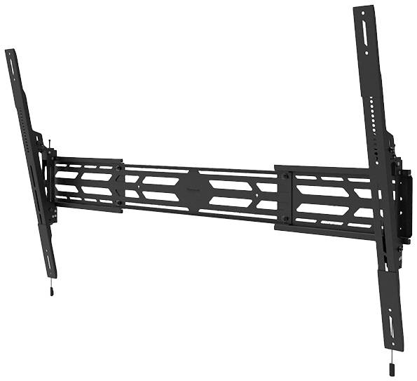 Ein schwarzer TV-Wandhalter aus Metall, geeignet für große Bildschirme, mit verstellbarer Neigung und seitlicher Verschiebung.