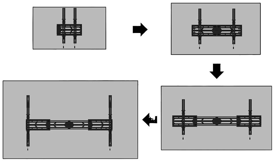 Abfolge von Schritten zur Montage einer Halterung an eine Wand. Vier Diagramme zeigen unterschiedliche Ansichten der Befestigung.