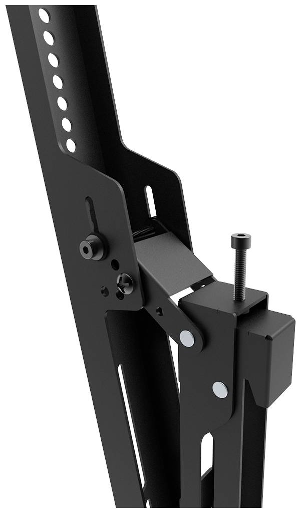 Nahaufnahme eines schwarzen, verstellbaren Metallständers mit Löchern und Schrauben. Dient zur Höhenanpassung von befestigten Objekten.