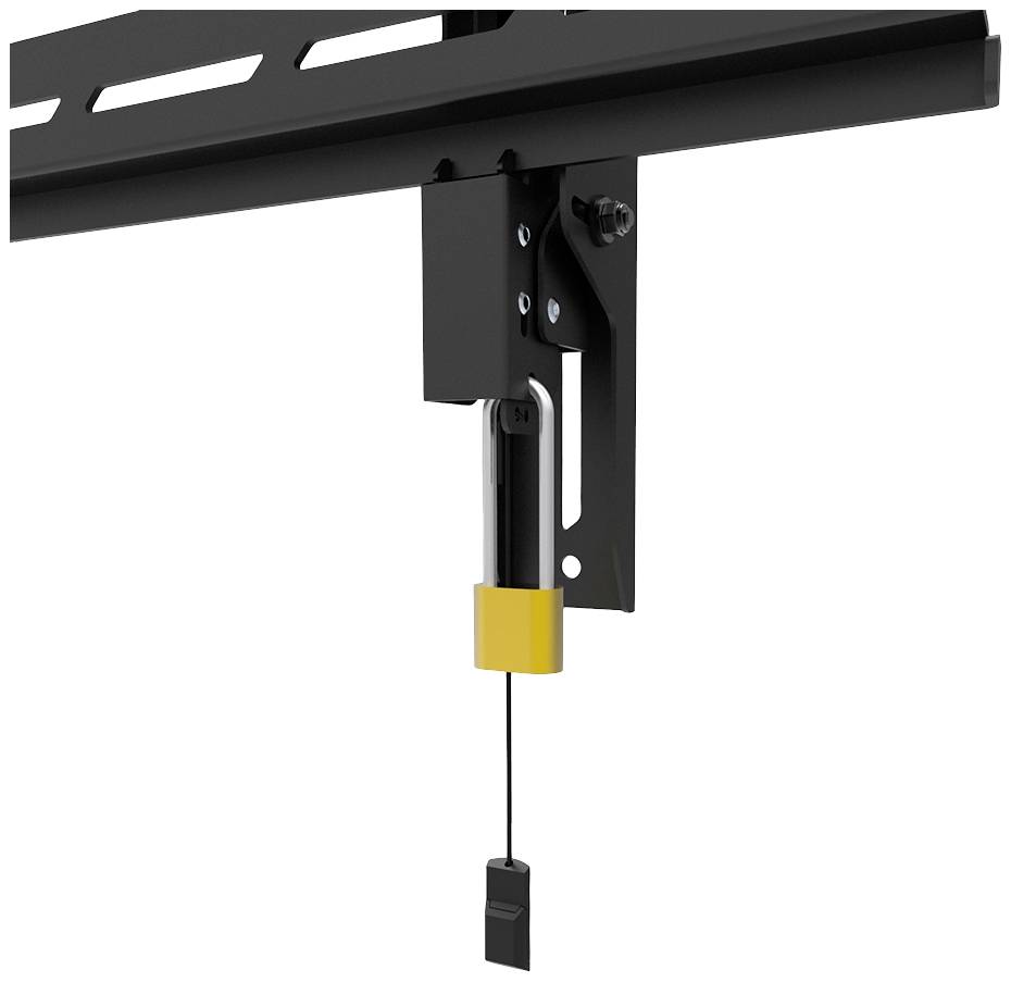 Ein schwarzes Metallgestell mit gelbem Detail und Seil. Offensichtlich Teil eines mechanischen Systems, möglicherweise für Höhenverstellung.