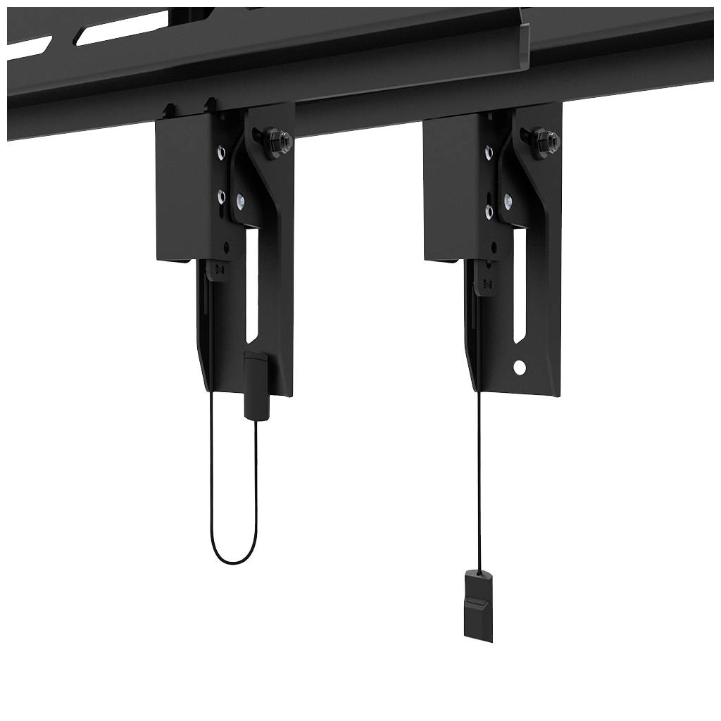Eine schwarze TV-Wandhalterung mit zwei Befestigungsarmen und Sicherungskabeln zur stabilen Befestigung eines Fernsehers an der Wand.