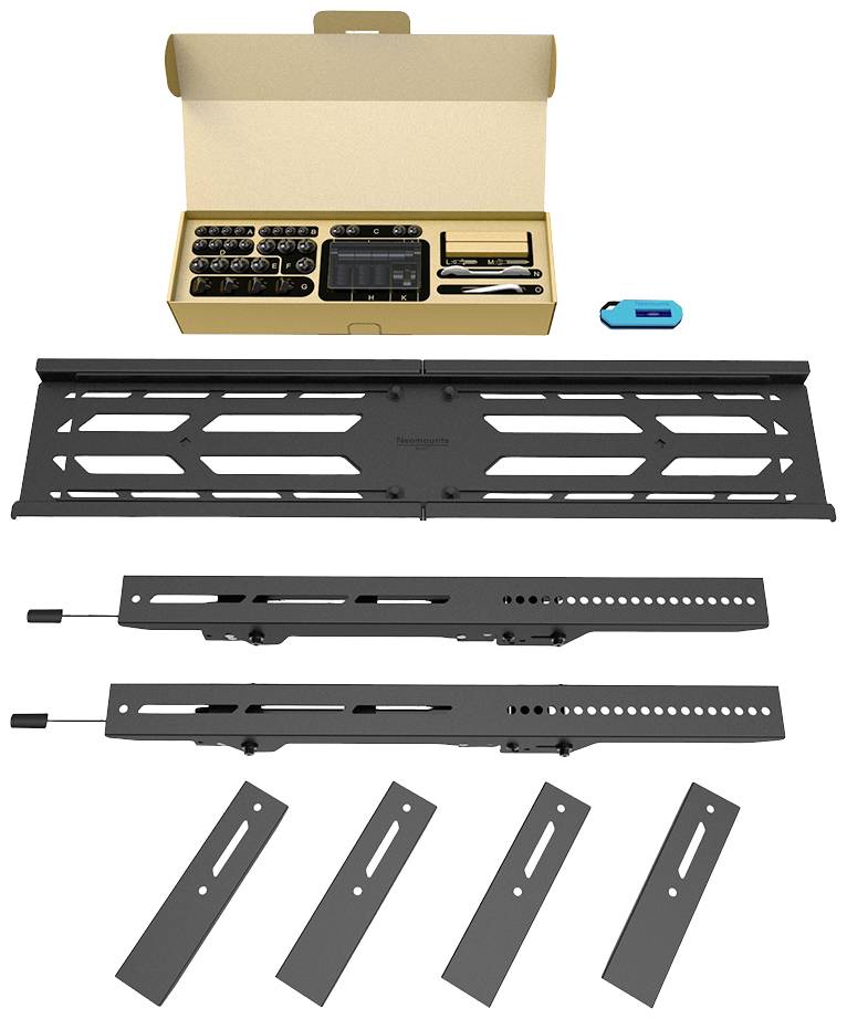 Wandhalterungsset für Fernseher: enthält Montageschienen, Befestigungsplatten, Schrauben und Werkzeug.