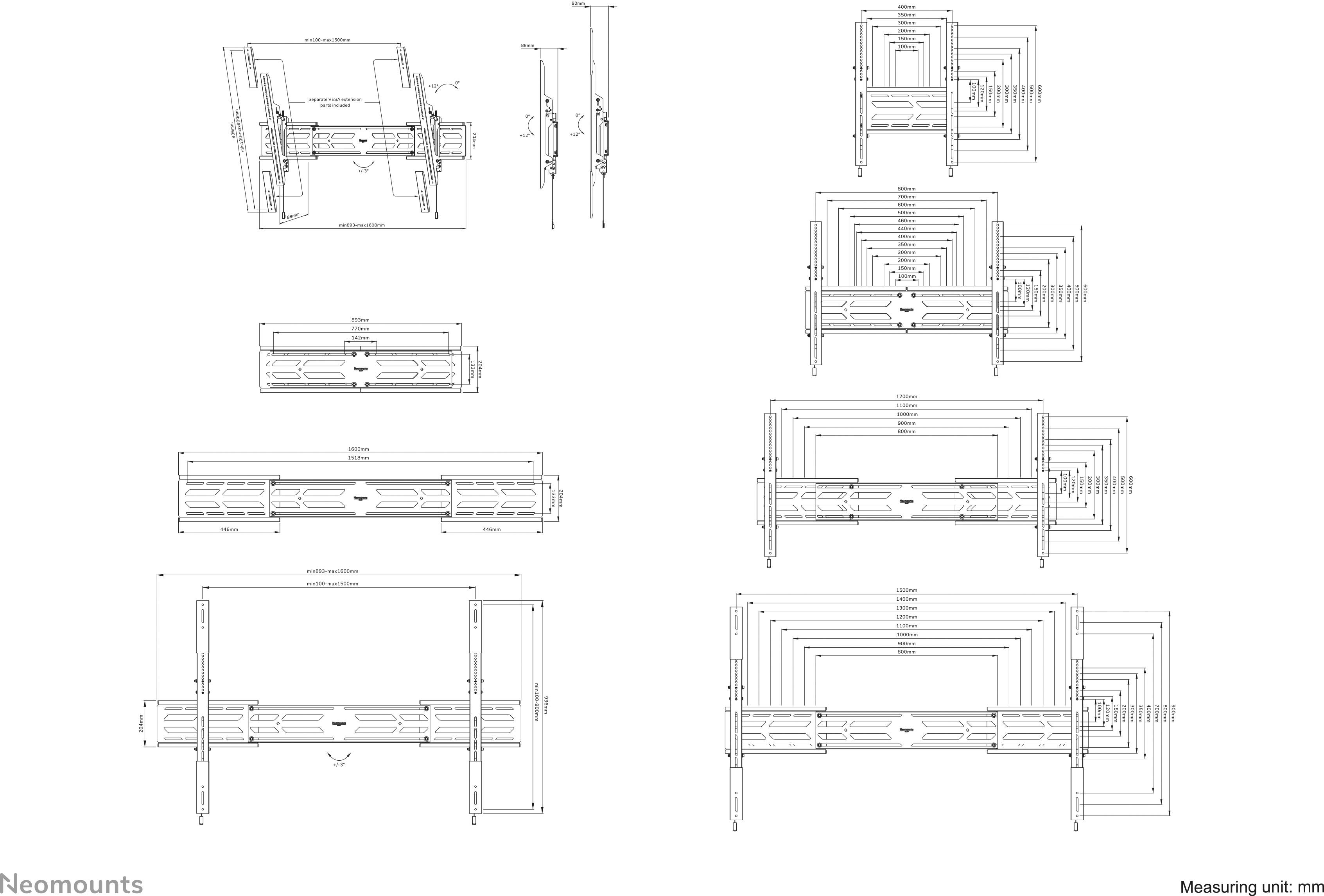 Technische Zeichnung eines Montagesystems mit verschiedenen Ansichten und Maßen in Millimetern, zeigt Details und Abmessungen.