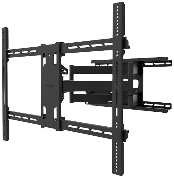 TV-Wandhalterung aus schwarzem Metall mit schwenkbarem Arm, geeignet für große Bildschirme. Verstellbare Neigung und Drehung.