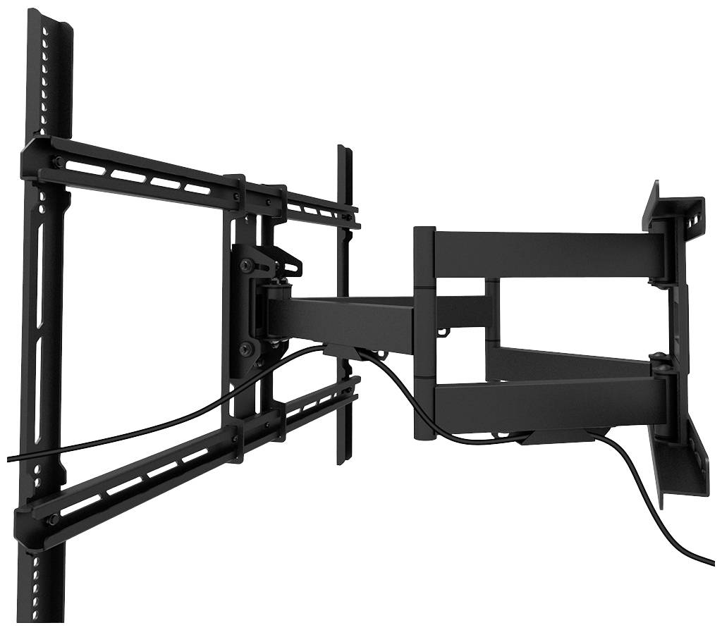 Eine schwarze, verstellbare TV-Wandhalterung mit ausziehbarem Arm und integrierter Kabelführung, montiert an einer Wand.