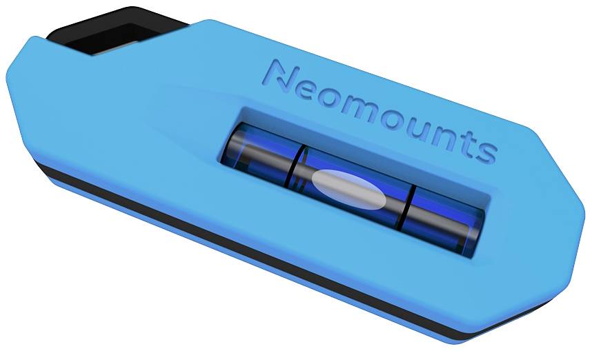 Wasserwaage im blauen Gehäuse mit schwarzem Akzent, markiert mit dem Wort 'Neomounts'.