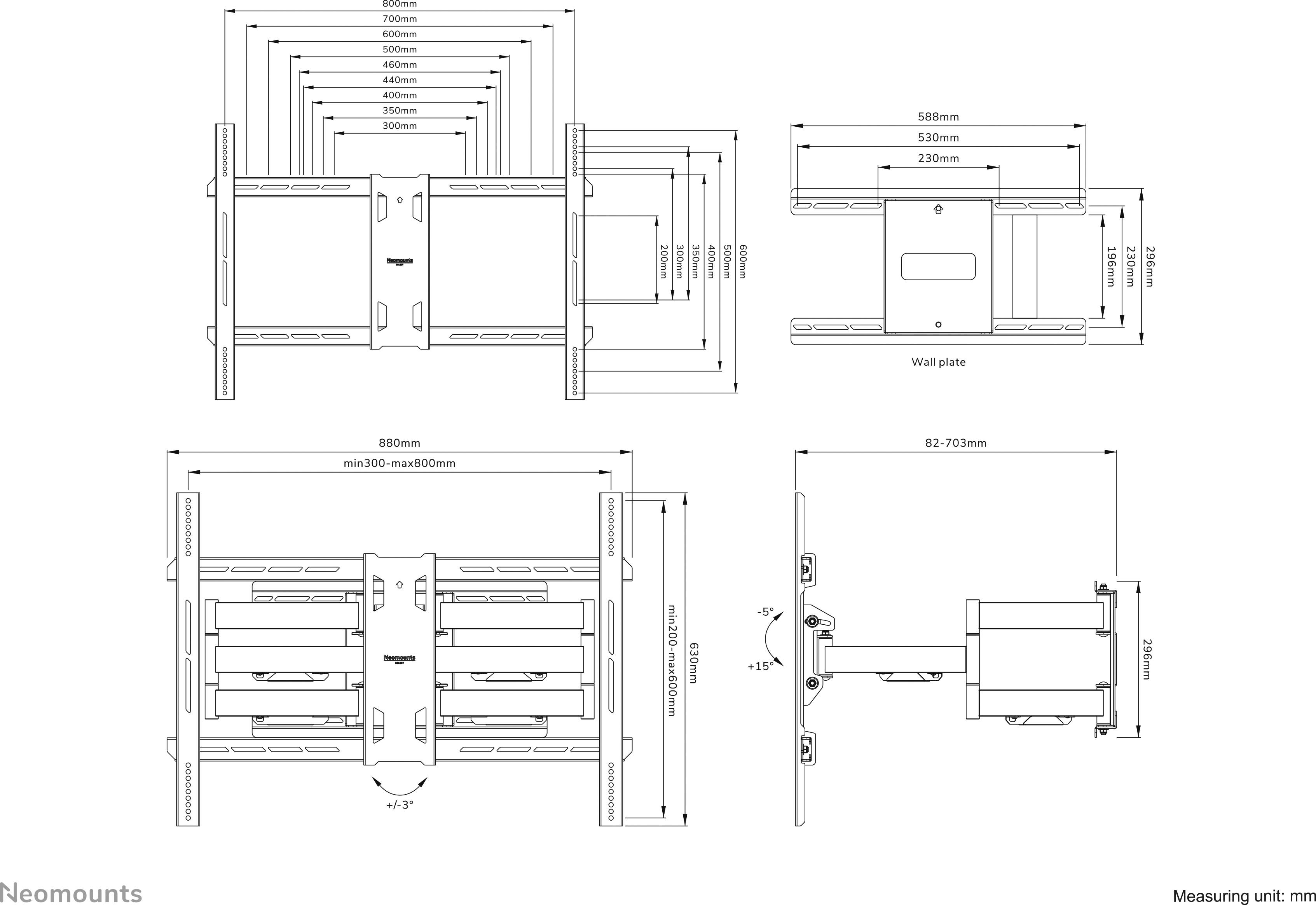 Technische Zeichnung einer TV-Wandhalterung mit Abmessungen: Breite 688 mm, Höhe 425 mm, neigbar und schwenkbar. Anzahl der Schraubenlöcher und Maße der Halterung dargestellt.