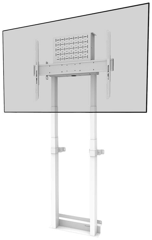 Ein höhenverstellbares TV-Halterungssystem mit einem großen, montierten Bildschirm in minimalistischem Design.