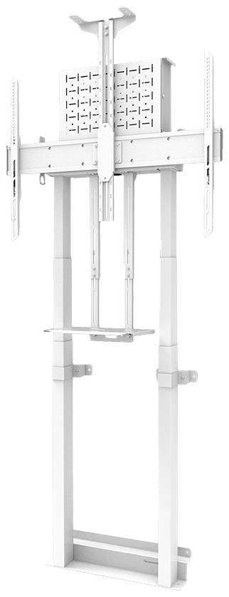 Ein weißer, höhenverstellbarer TV-Standfuß für Wandmontage, geeignet für große Bildschirme.