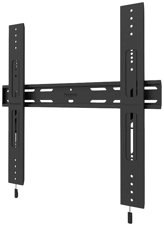 Schwarze, flache TV-Wandhalterung aus Metall mit verstellbarer Schiene zur Befestigung eines Fernsehers an der Wand.